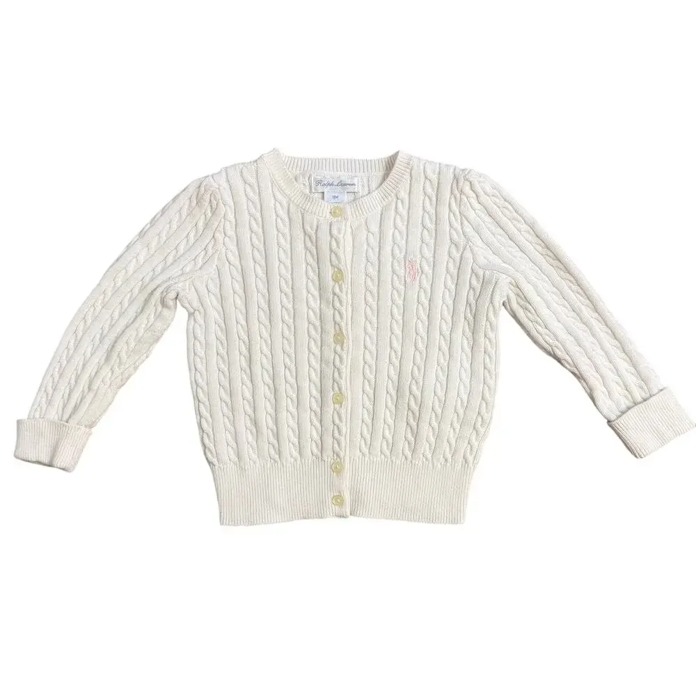 Ralph Lauren Mini-Cable 100% Cotton Cardigan Sweater Logo White Baby 18 Months